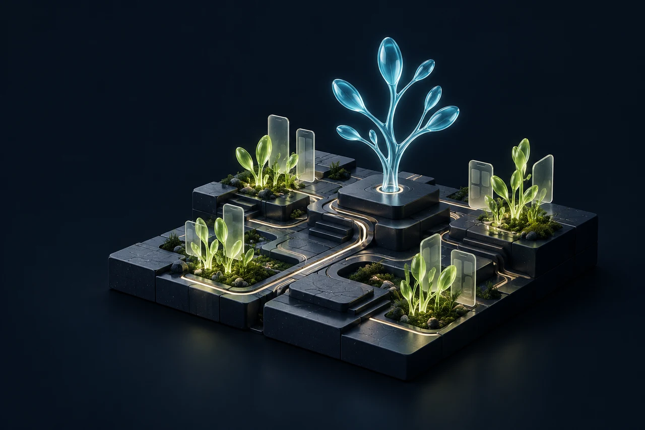 Lime glass seedlings and a cyan glass tree growing among app panels on a midnight-blue field