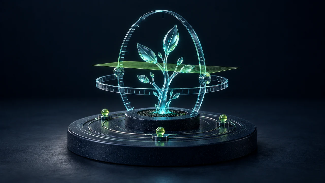 Evaluate: a glass model sapling examined with calibration rings
